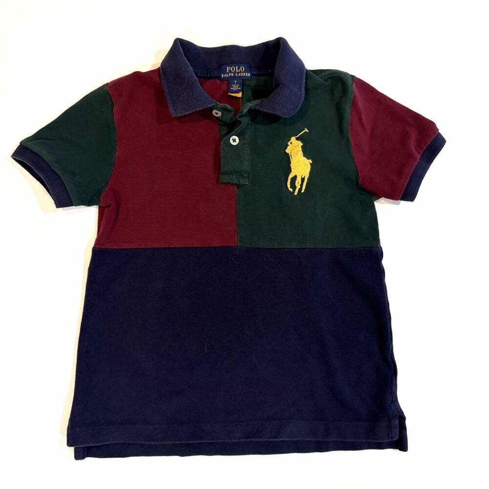 Polo Ralph Lauren Shirt Youth 7 Blue Colorblock Short Sleeve Polo Collared